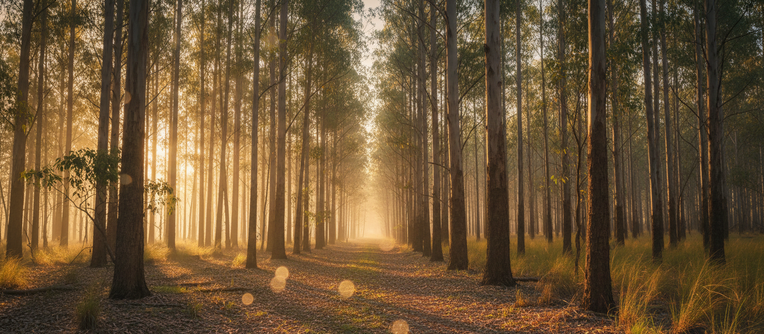 Australian eucalyptus forest in golden afternoon light