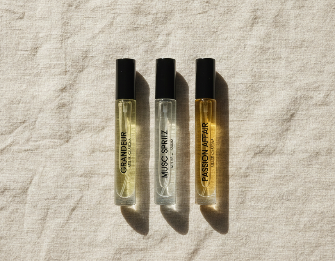 The three Extrait vials laid in a row on crumpled ivory linen in soft daylight