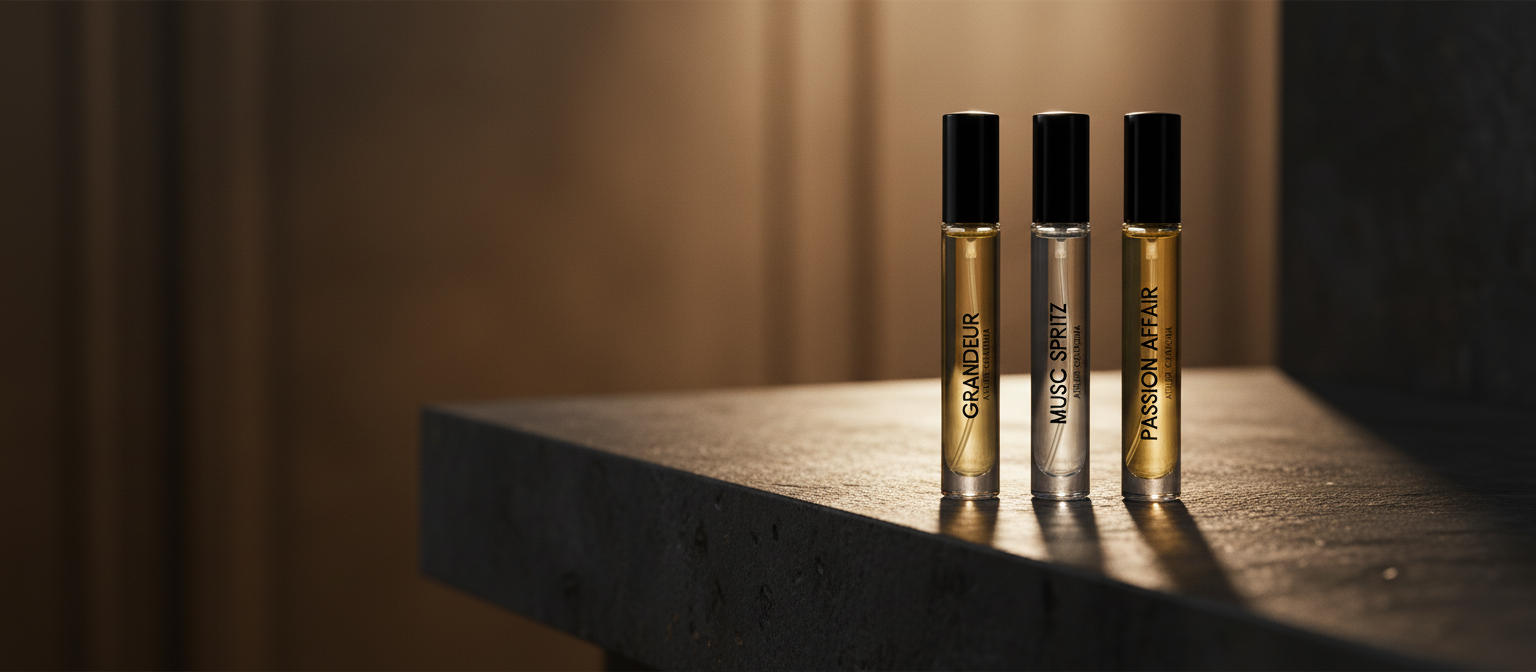 Three slim glass Extrait de parfum vials with black caps standing on a dark stone ledge in warm low light