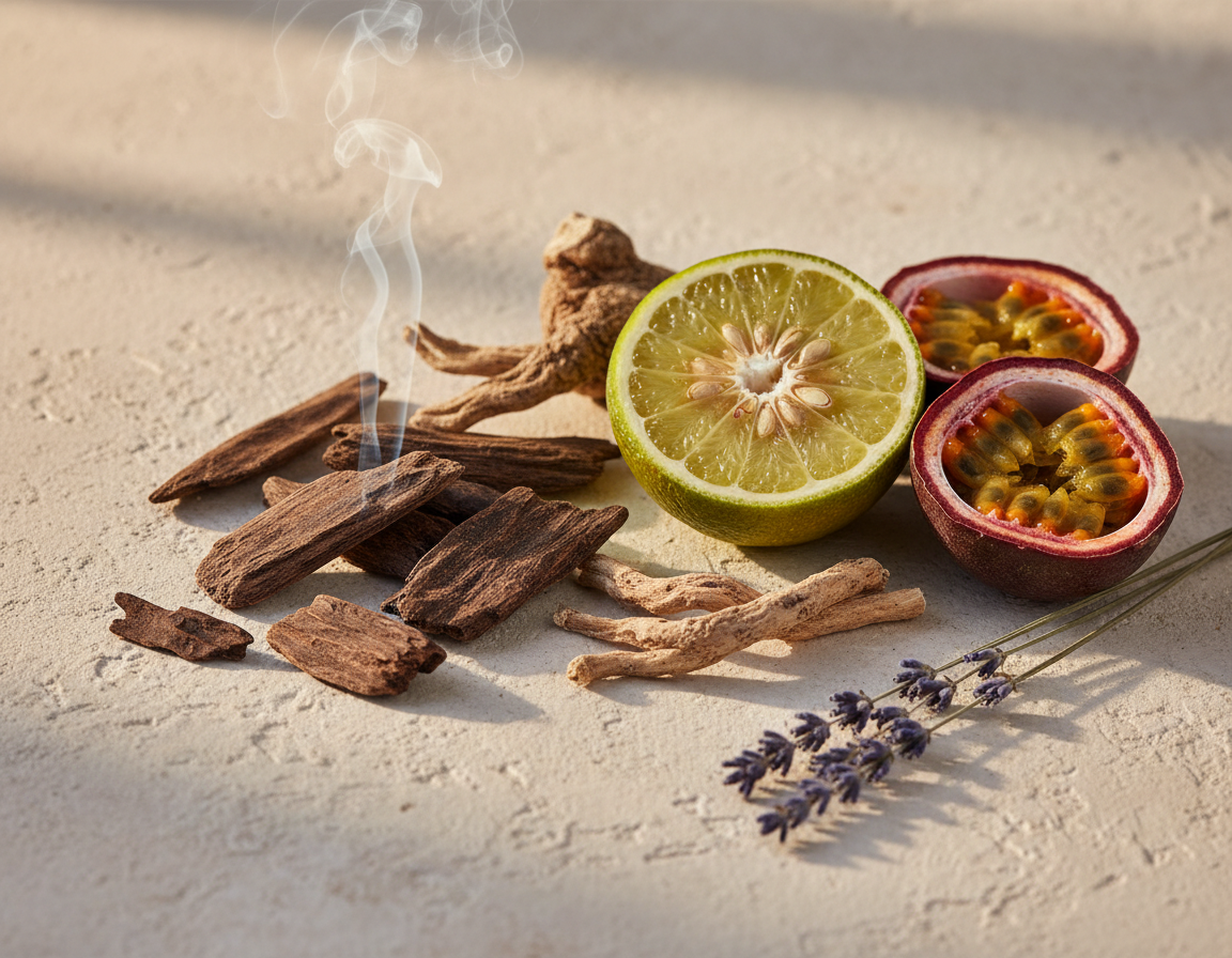 Fragrance raw materials on pale plaster: smoked wood, halved bergamot, dried orris root and split passionfruit