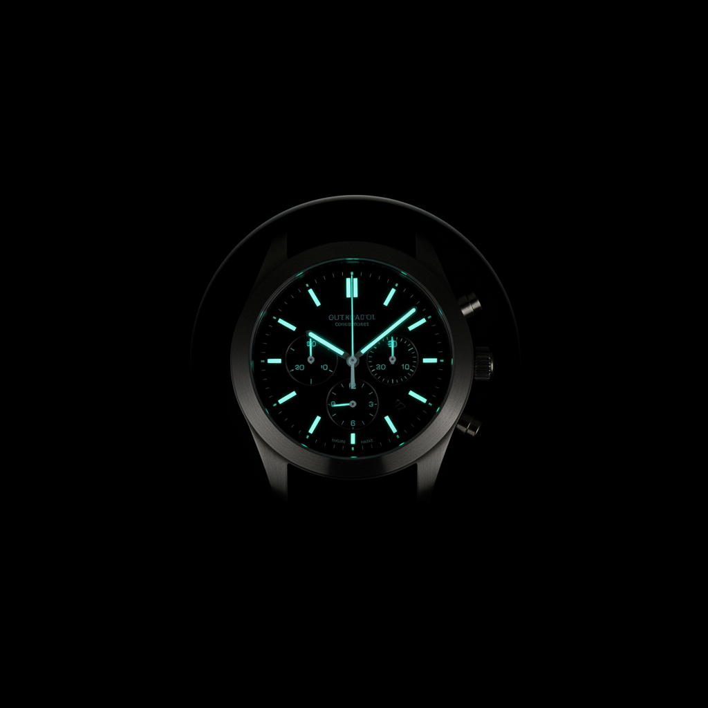 A chronograph in darkness with only its luminous hands and markers glowing