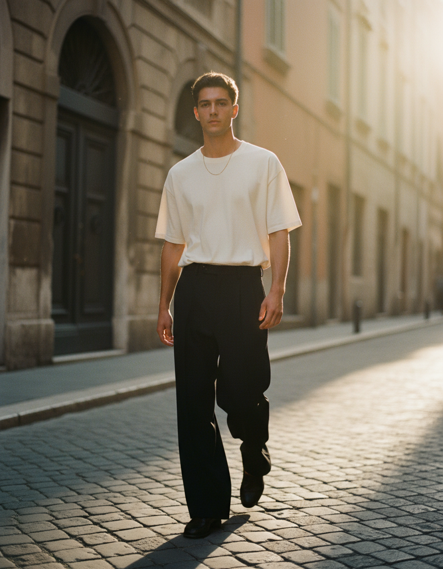 A man walking a sunlit city street in an oversized bone heavyweight tee and wide black trousers
