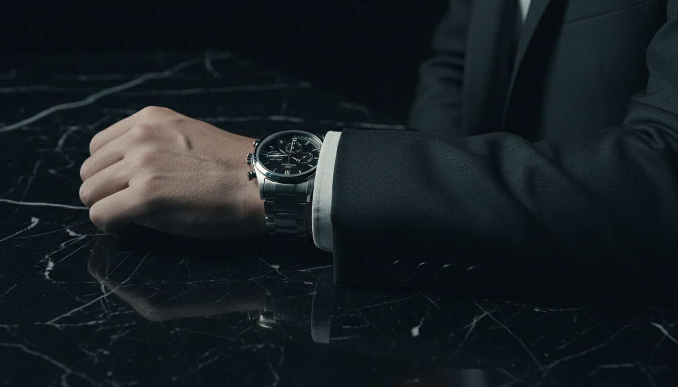 A silver chronograph beneath a dark tailored suit cuff on black marble
