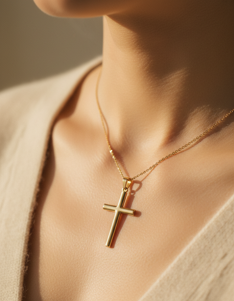 Close-up of a fine gold cross pendant resting on a woman's collarbone in soft golden light
