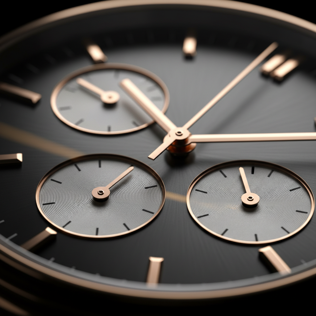 Macro view of a sunburst-textured chronograph dial catching light