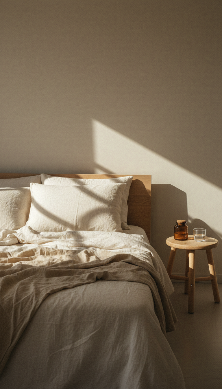 Morning light across linen sheets with the jar on a wooden stool