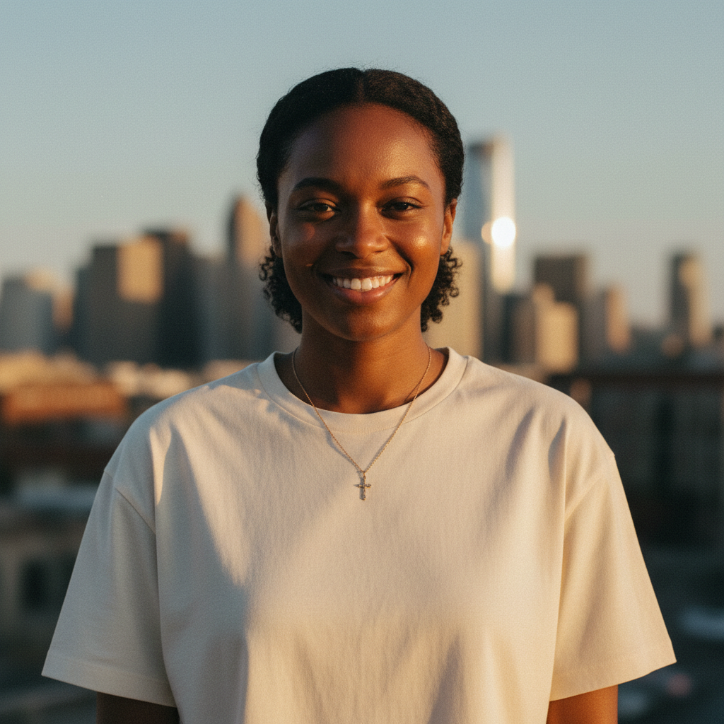 A fine gold cross necklace worn with a cream oversized tee in golden-hour light