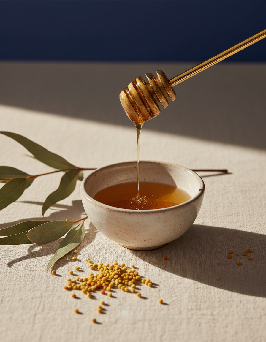 Raw honey drizzling into a ceramic bowl beside native eucalyptus sprigs