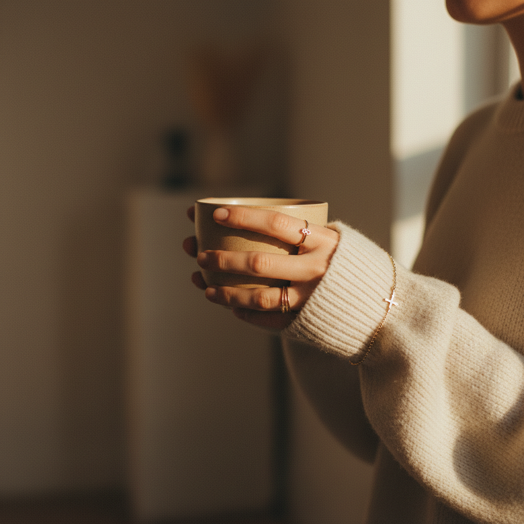 Hands holding a ceramic coffee cup with fine gold jewellery in golden window light