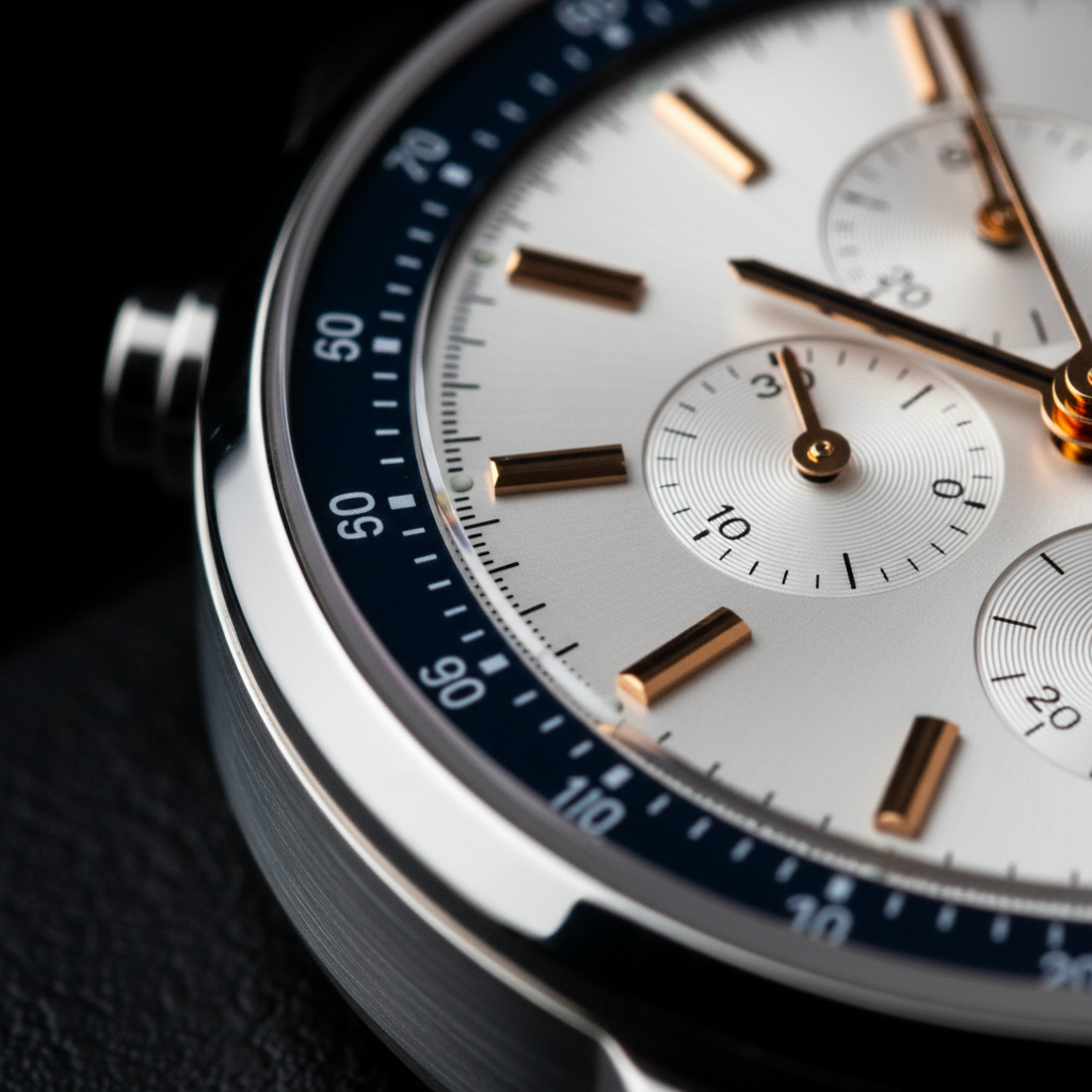 Macro view of the sunburst dial and applied rose-gold markers