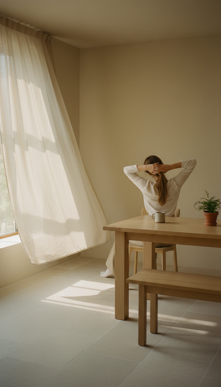 Woman slowly stretching her neck at a wooden table in a bare room