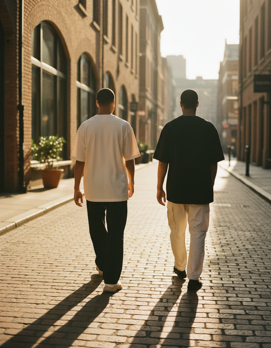 Two friends walking away down a sunlit city street in oversized cream and black tees