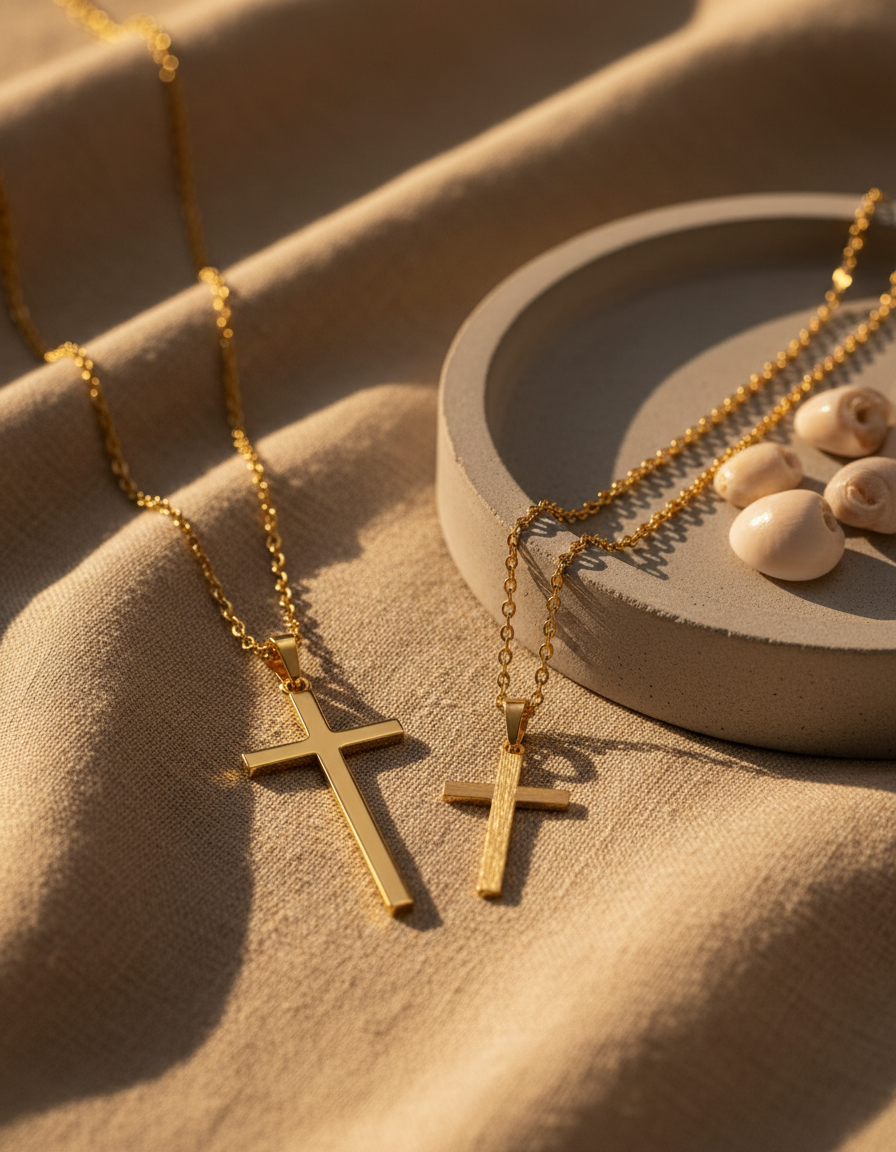 Gold cross pendants resting on crumpled beige linen beside a stone dish
