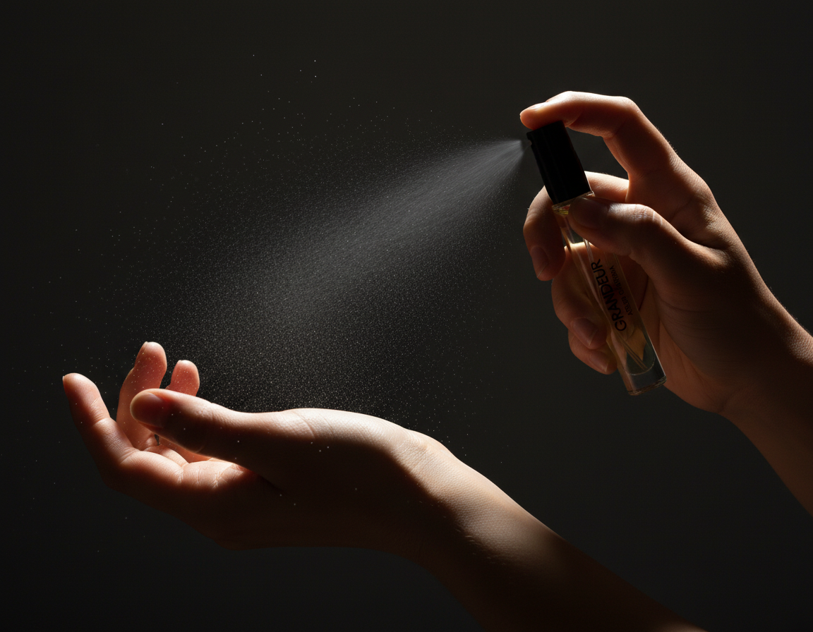 Close-up of a hand spraying an Extrait vial into a fine mist above an open palm against a dark background