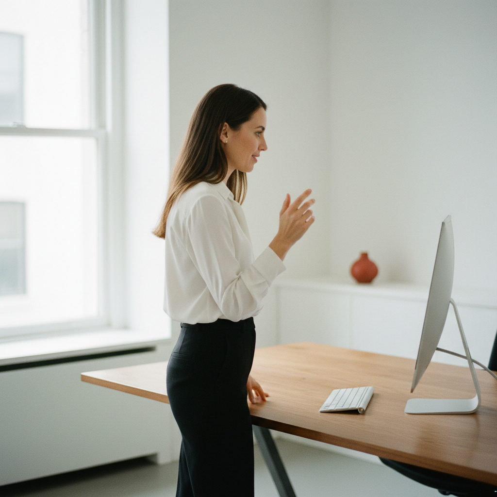 Woman standing at her desk in bright afternoon light, energized and fully focused on her work