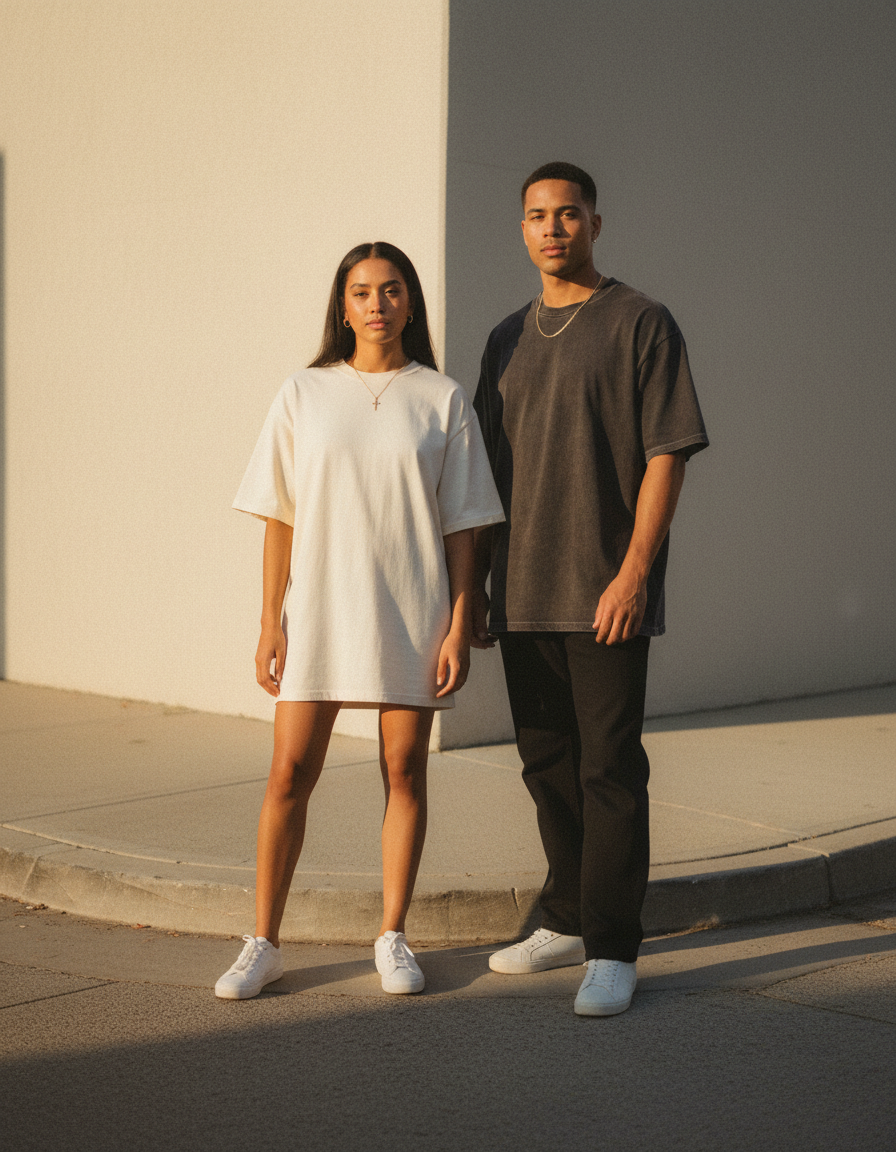 A couple in oversized cream and black tees with fine gold cross necklaces, photographed on a sunlit street at golden hour
