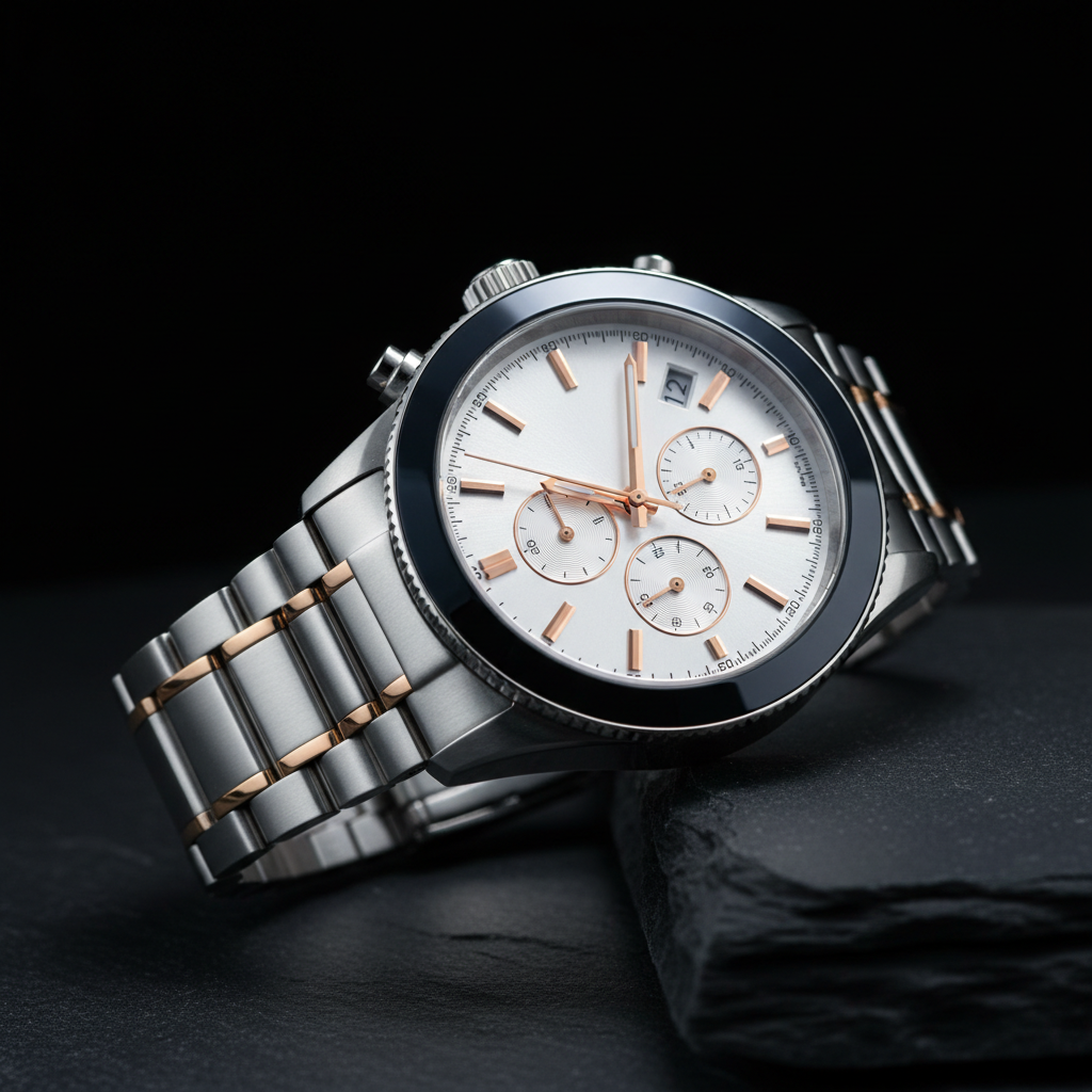 The chronograph at a three-quarter angle on dark slate