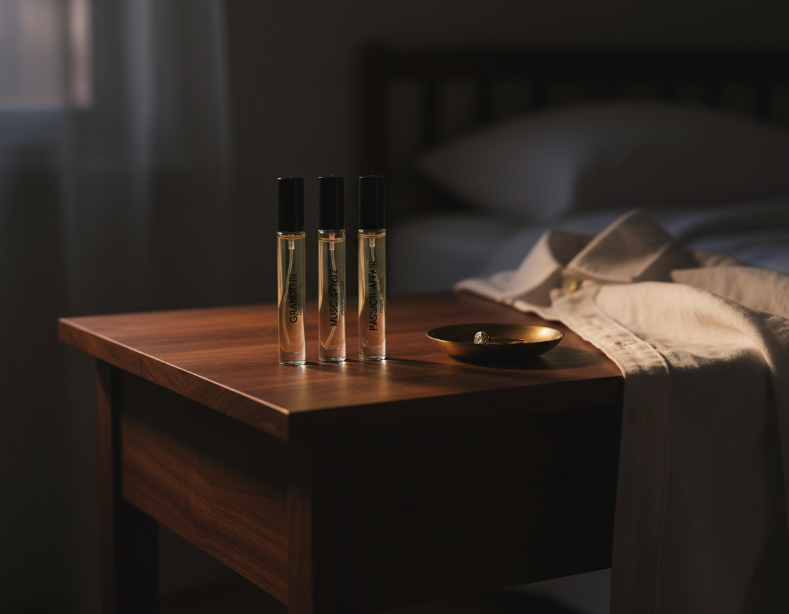 Three Extrait vials on a dark walnut dressing table at dusk beside a brass ring dish and a white linen cuff