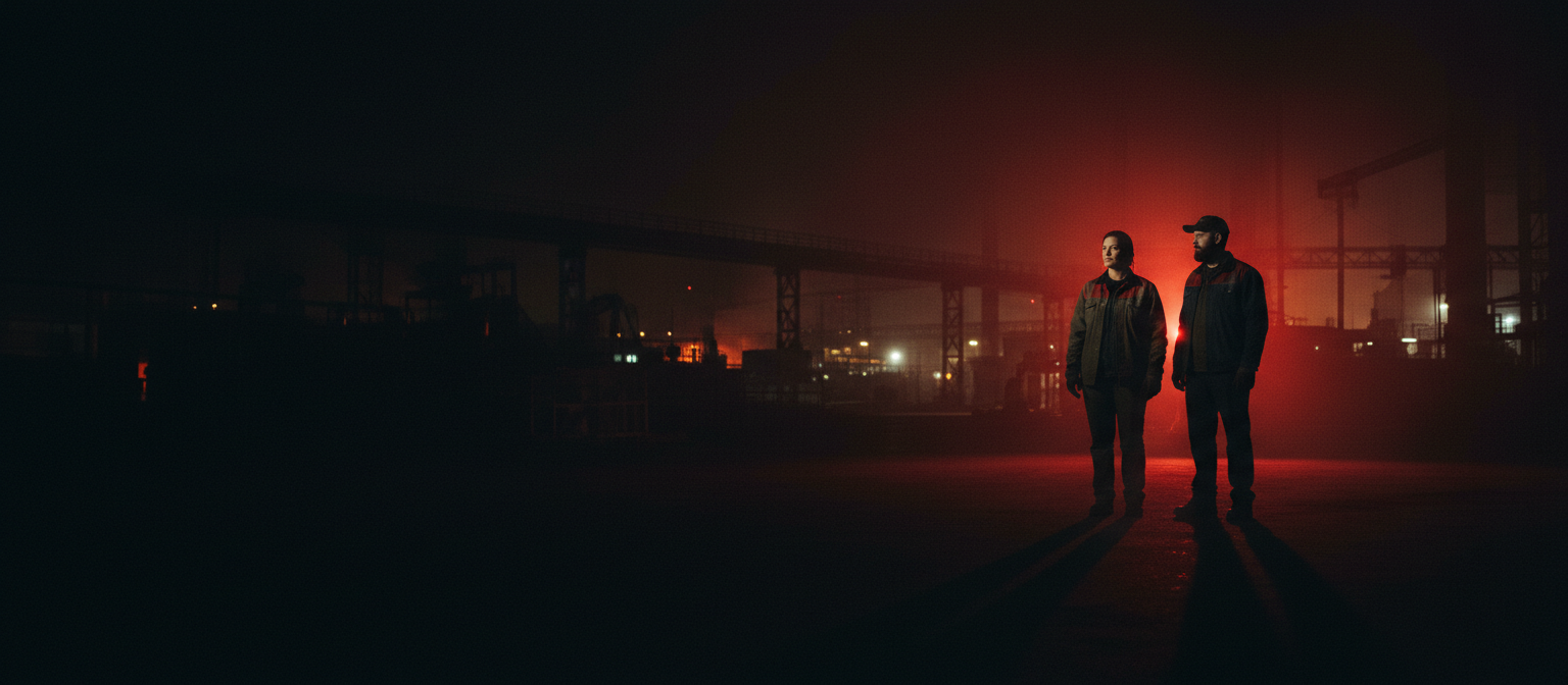 Two workers standing together at night under deep red light