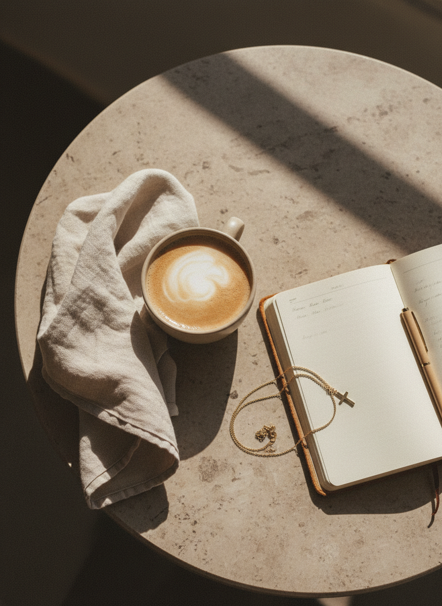 Overhead café table with a flat white, an open book and a coiled gold cross necklace