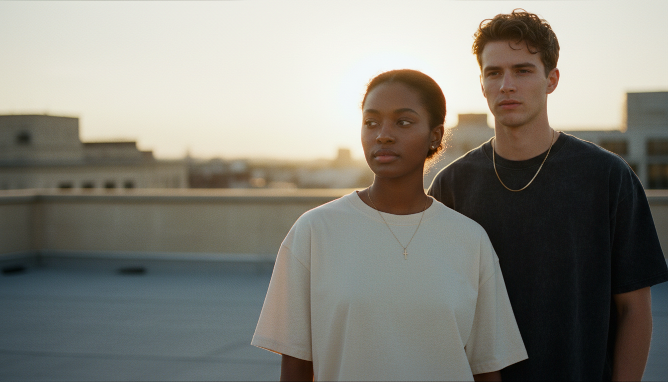 A woman and man wearing ChristWish gold cross necklaces and oversized tees on a rooftop at golden hour