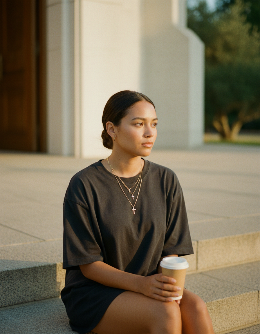 A woman on chapel steps wearing layered gold cross necklaces with a paper coffee cup