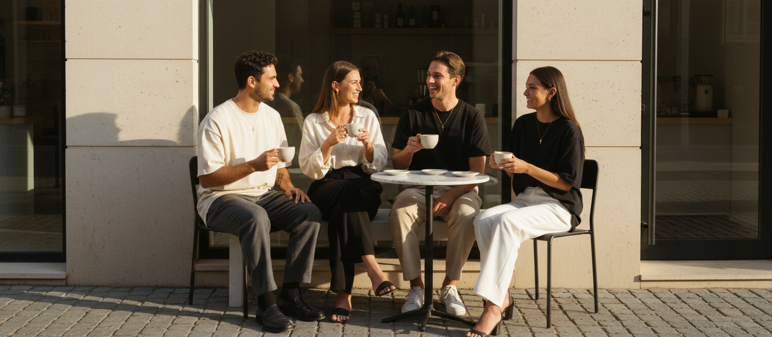 Four friends sitting outside a minimal coffee shop on a Sunday morning, wearing cream and black tees with gold cross necklaces