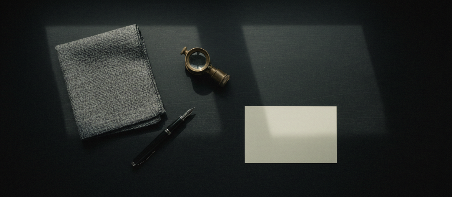 A dark atelier desk with a cloth, a loupe and a pen in low light