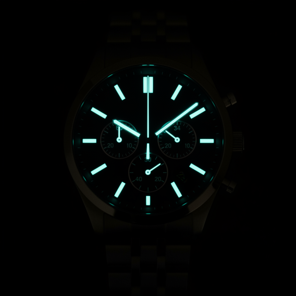 The chronograph in darkness with luminous hands and markers glowing