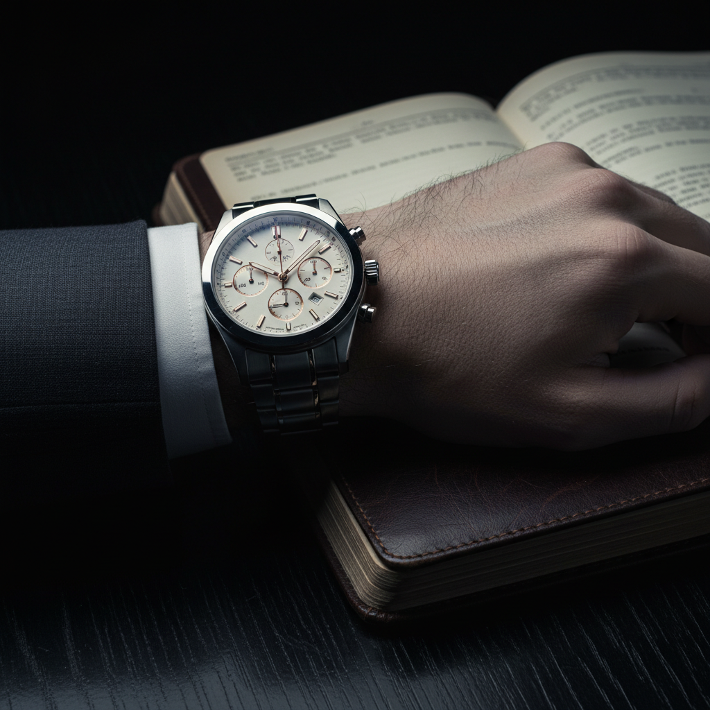 The chronograph worn beneath a dark suit cuff