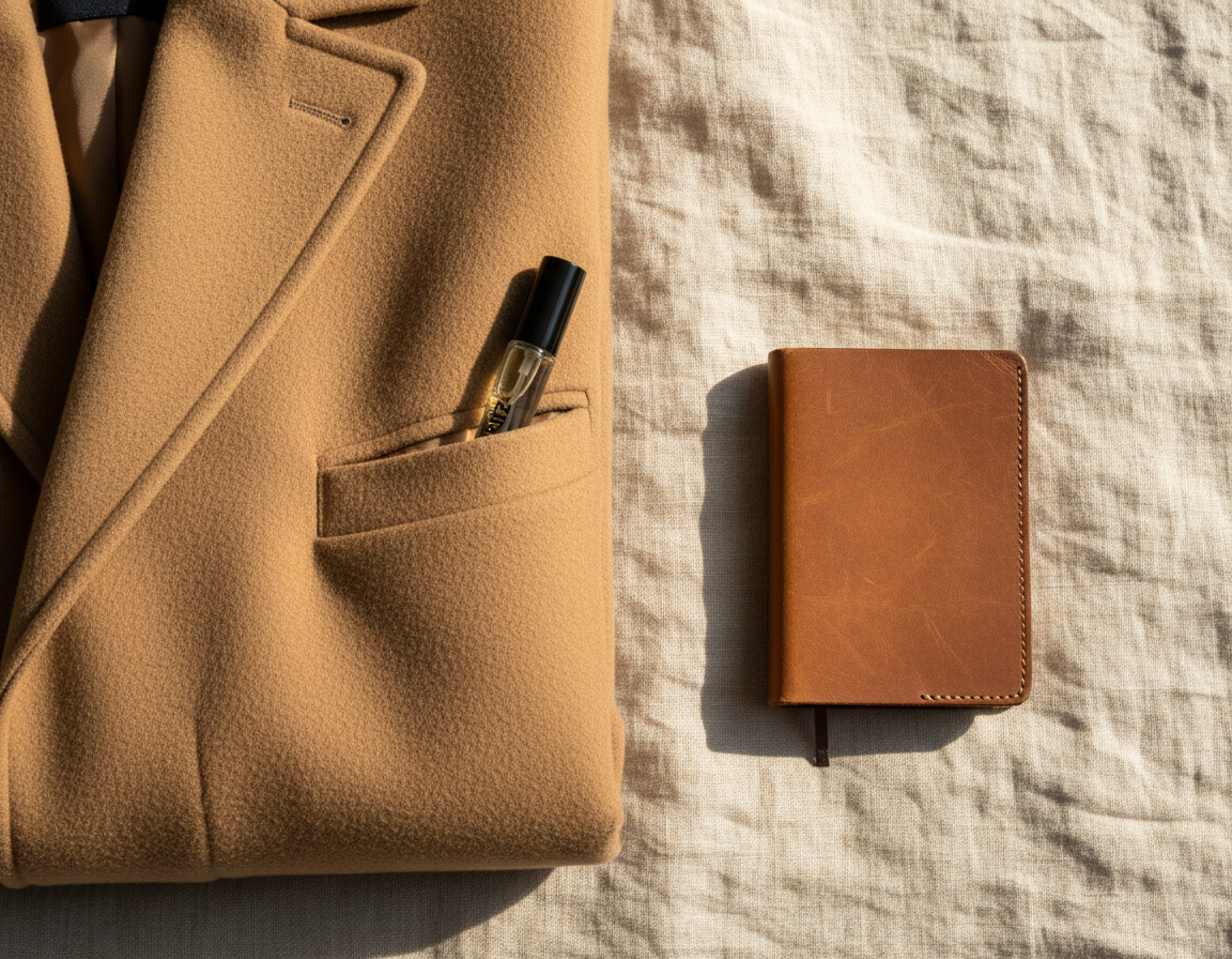 An Extrait vial tucked into the inside pocket of a folded camel wool coat beside a small leather notebook