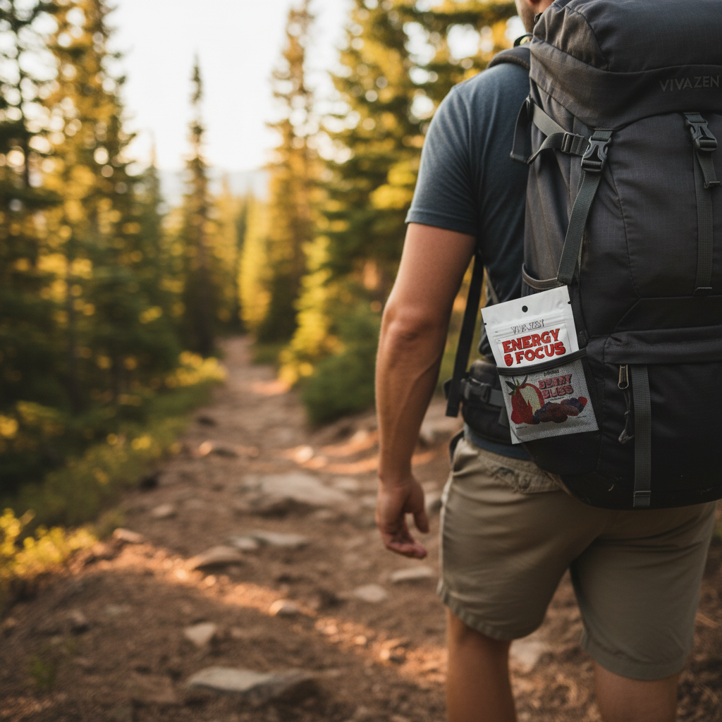 Hiker heading up a sunlit forest trail with a hand-sized pouch of VIVAZEN Energy + Focus gummies tucked in his backpack pocket