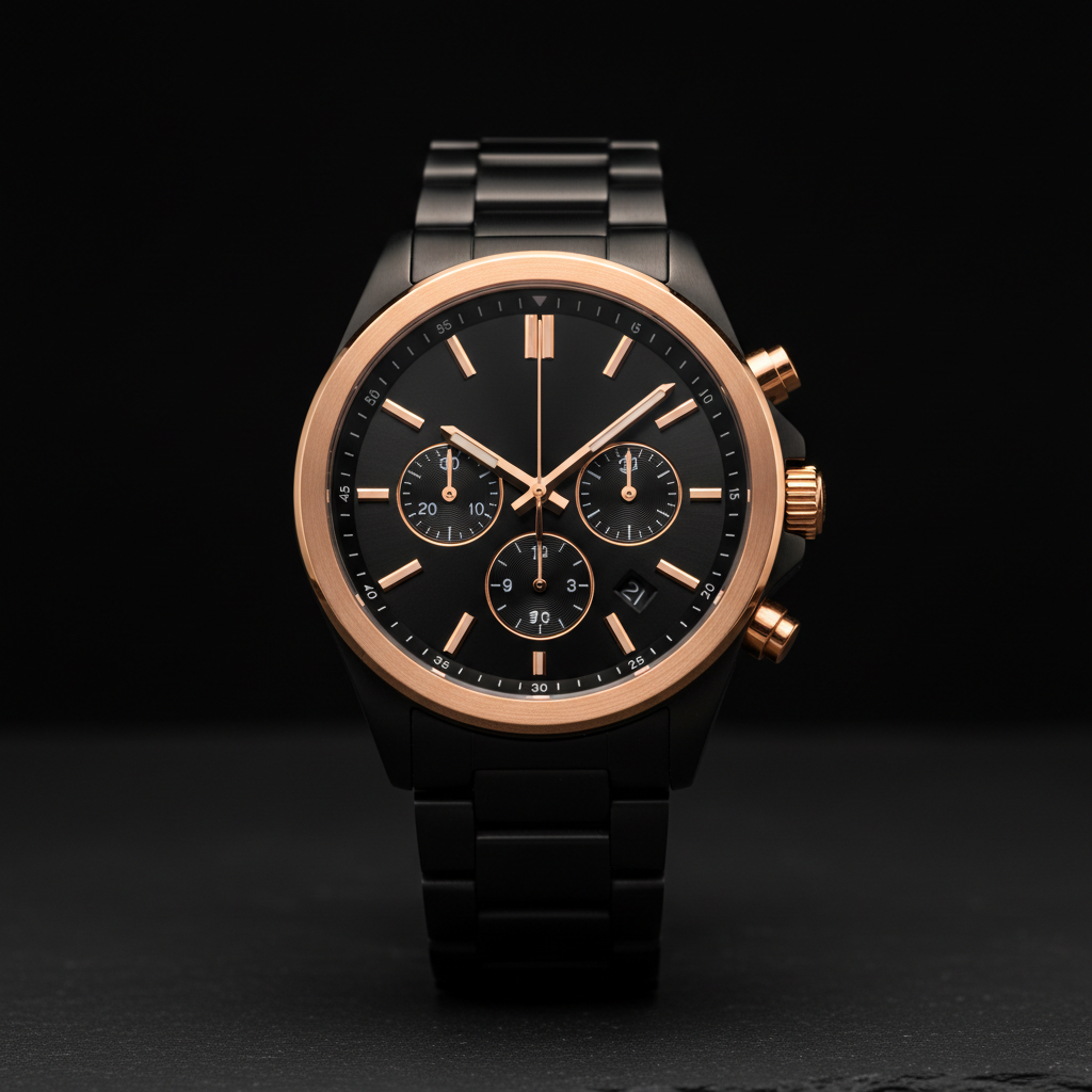 The chronograph in matte black with a rose-gold bezel