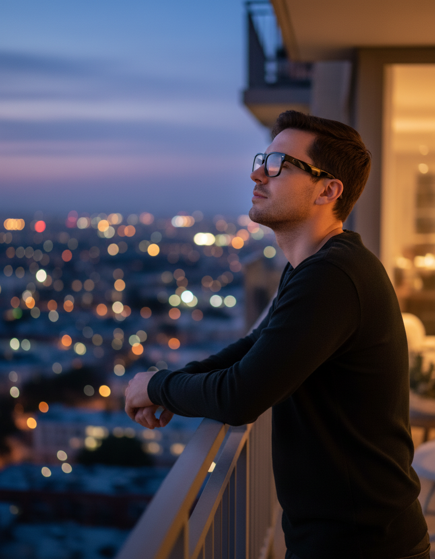 A man on a balcony at dusk wearing NEXVO One smart glasses, city lights behind him