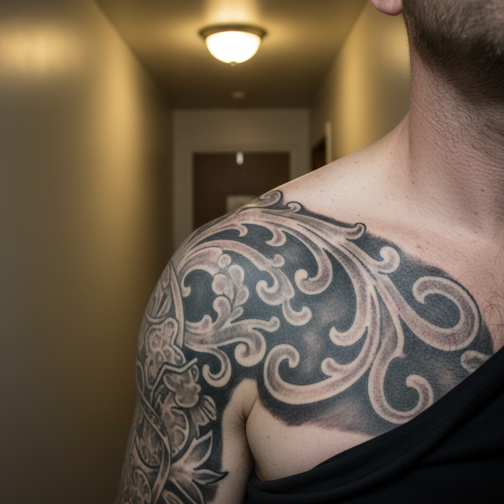 Large black and grey ornamental shoulder tattoo looking flat and hazy with dry, dull skin over it