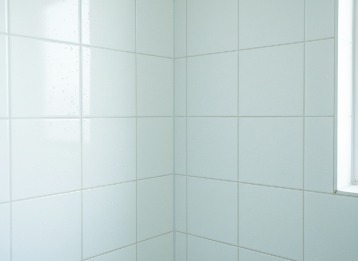 Le même angle de douche après nettoyage : joints blancs et carrelage brillant sans traces