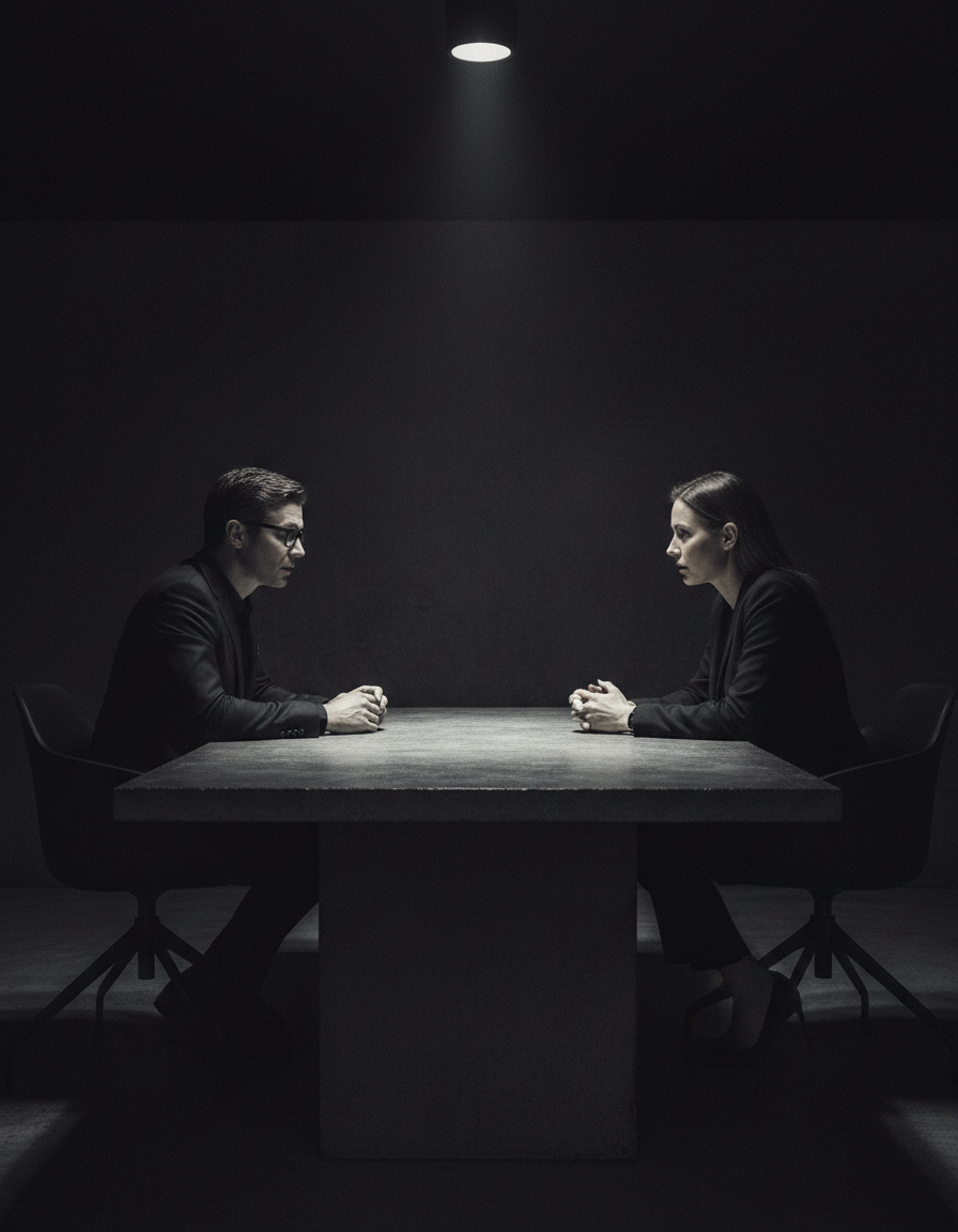Two colleagues in conversation across a dark meeting table, one wearing NEXVO One glasses