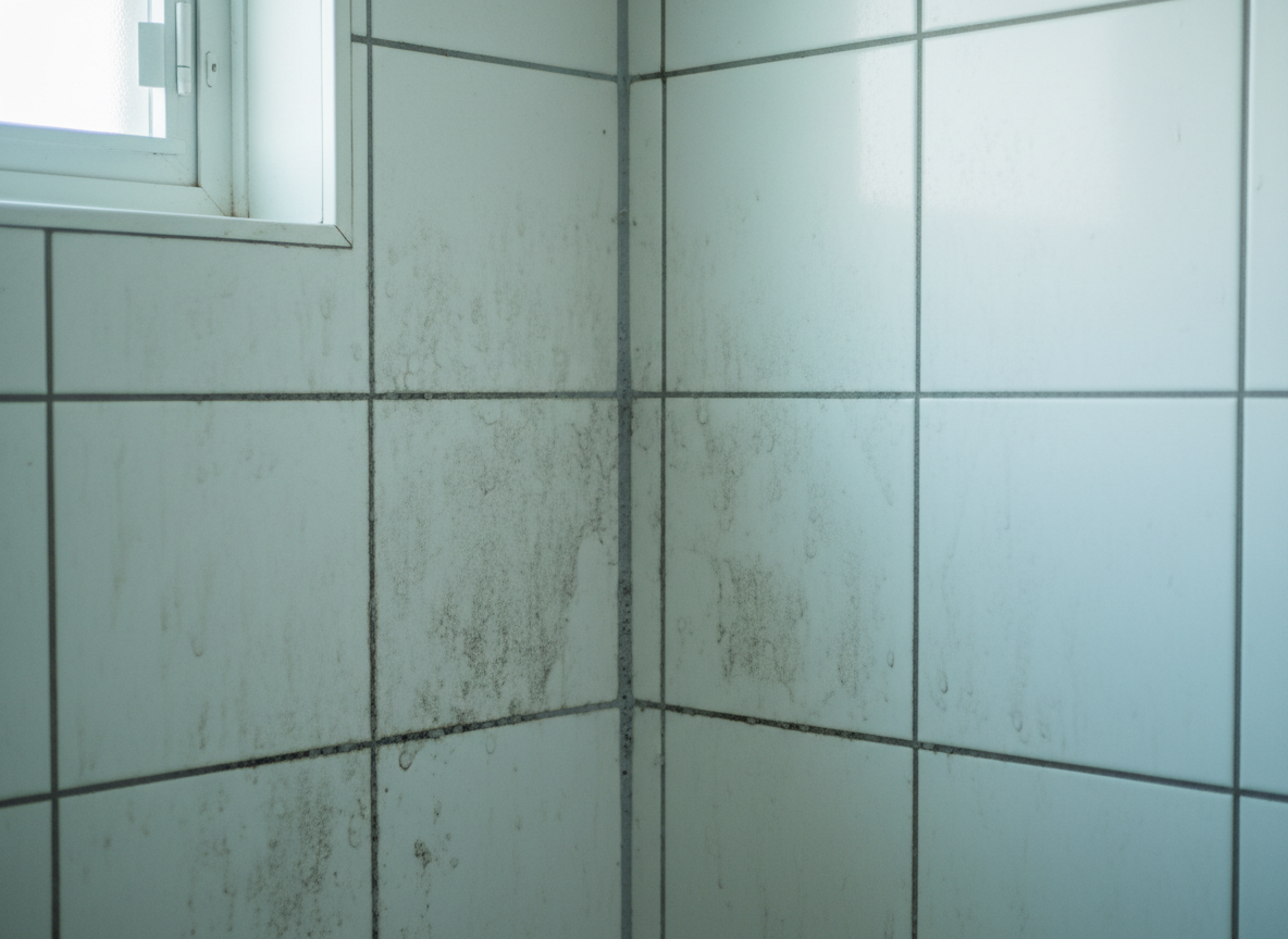 Angle de douche carrelé blanc avant nettoyage : joints gris et voile de savon sur les carreaux