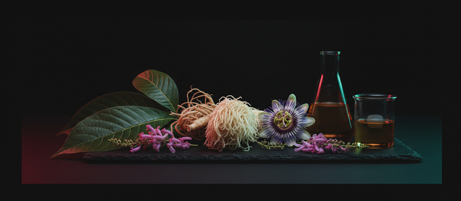 VIVAZEN botanicals — kratom leaf, kava root, lion's mane mushroom, passion flower and corydalis — beside laboratory glassware in low light
