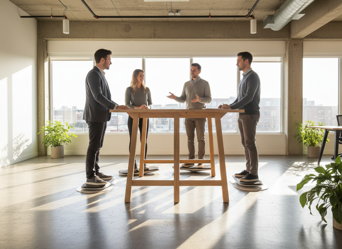 Four colleagues holding a standing meeting around a standing-height table, each balancing on a FluidStance deck
