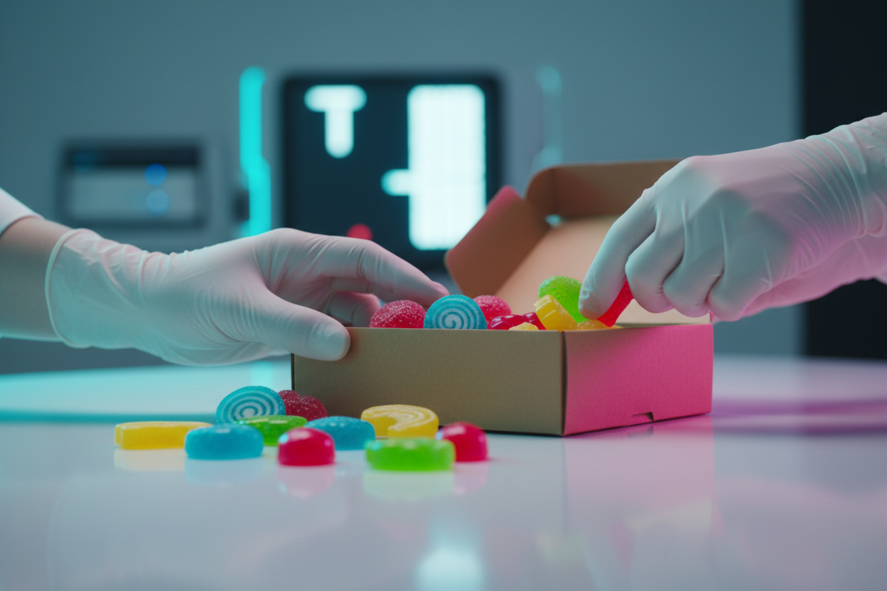 Sweets being packed into a box at our packing bench