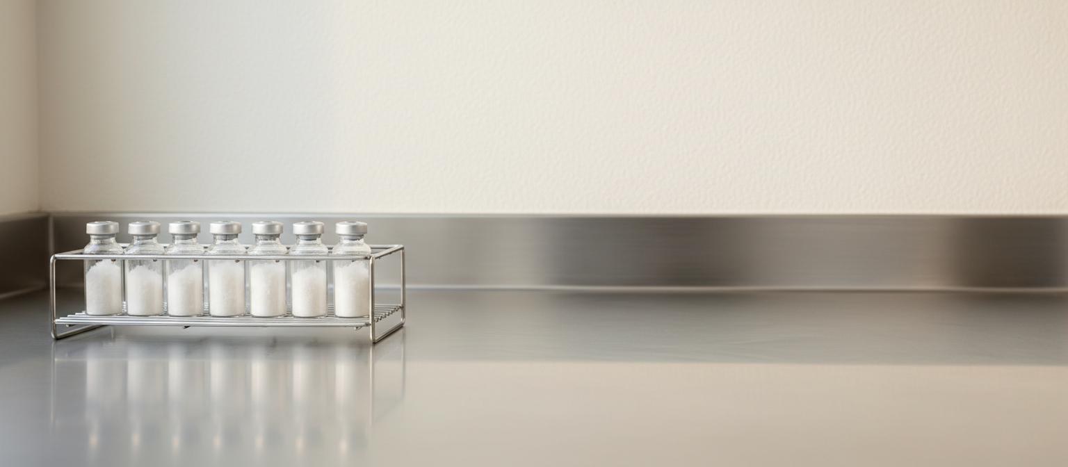 A rack of sealed lyophilised peptide vials on a brushed steel laboratory bench in soft daylight