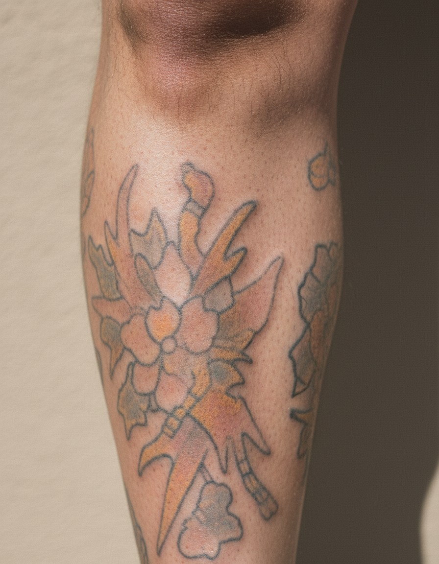 An old colour tattoo on a calf, its pigment washed out to pale muddy pinks and dull greys