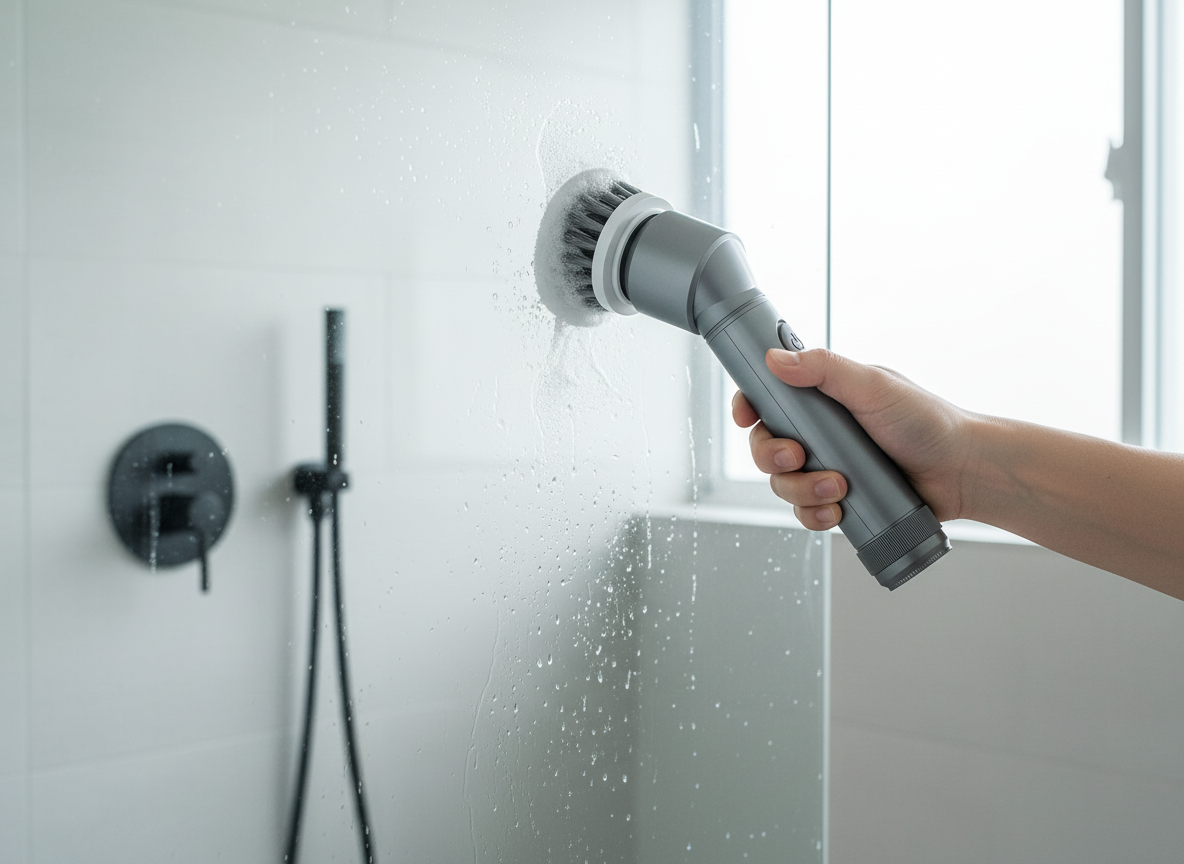 Nettoyage d'une paroi de douche carrelée avec la brosse rotative