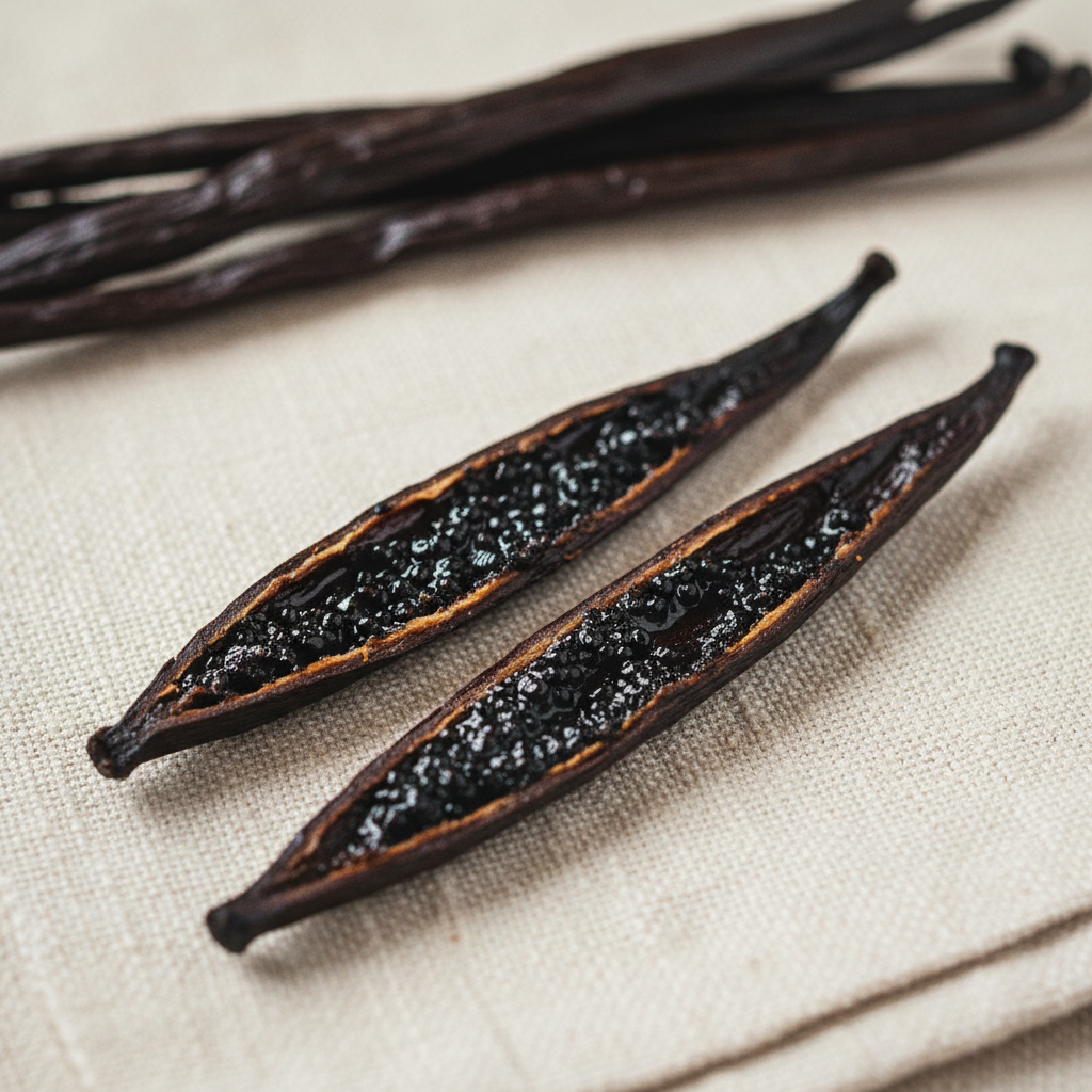 Two vanilla pods split lengthways showing glossy seed paste along the seam
