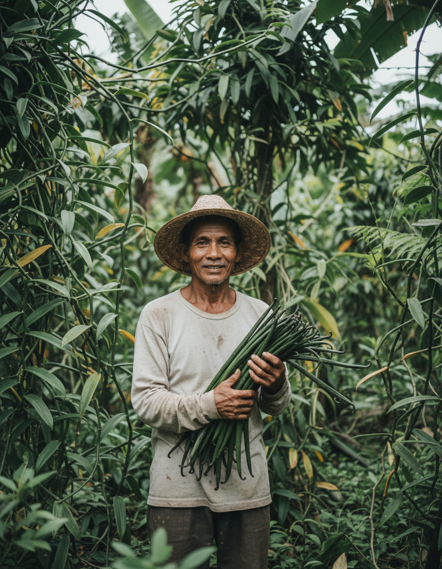 Vanilla farmer holding a bundle of freshly harvested green pods among the vines