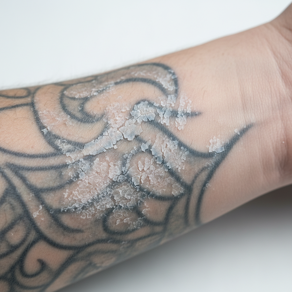Dry, dull tattooed skin with flaking and faded grey-blue ink