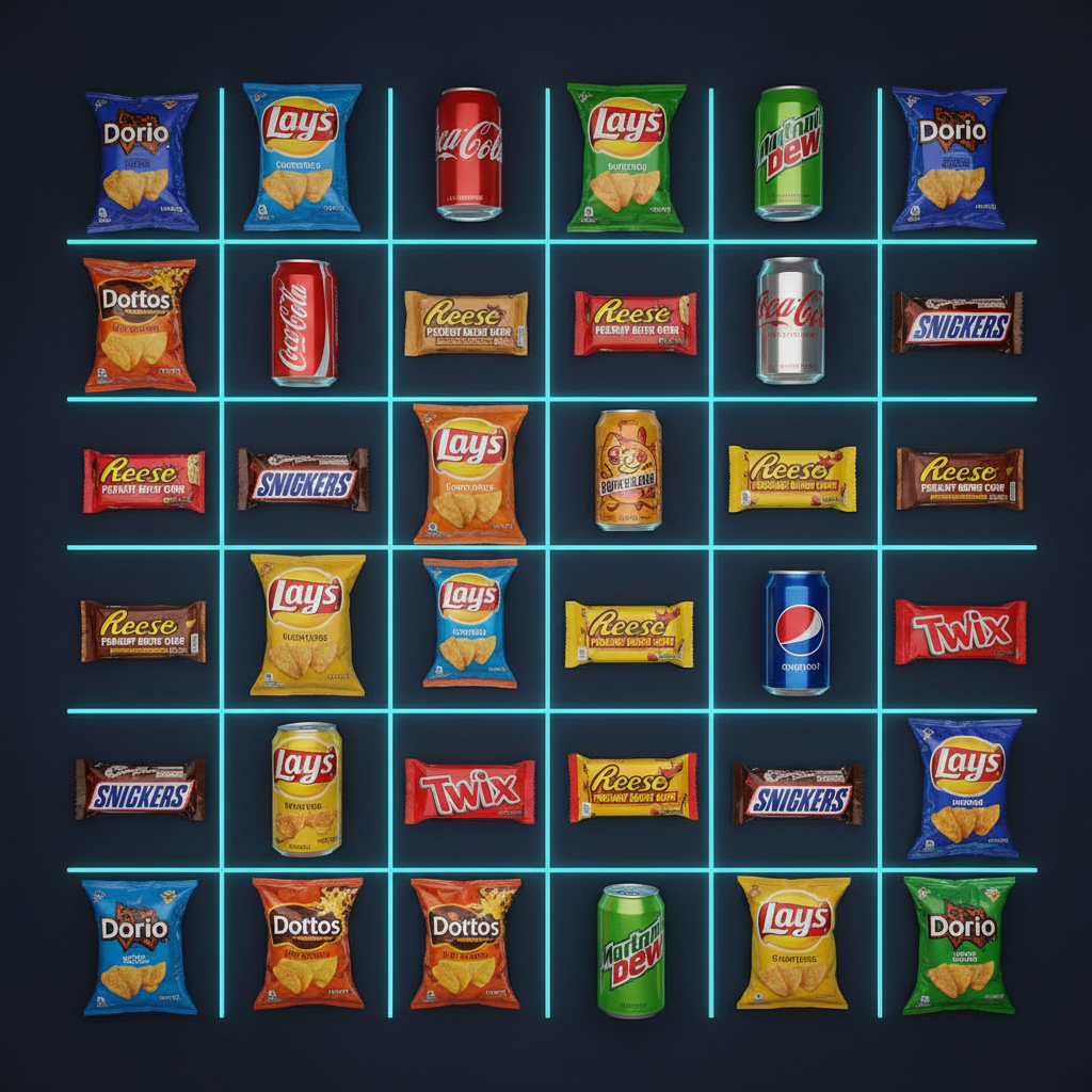 Imported American sweets, crisps and soda laid out in a precise grid
