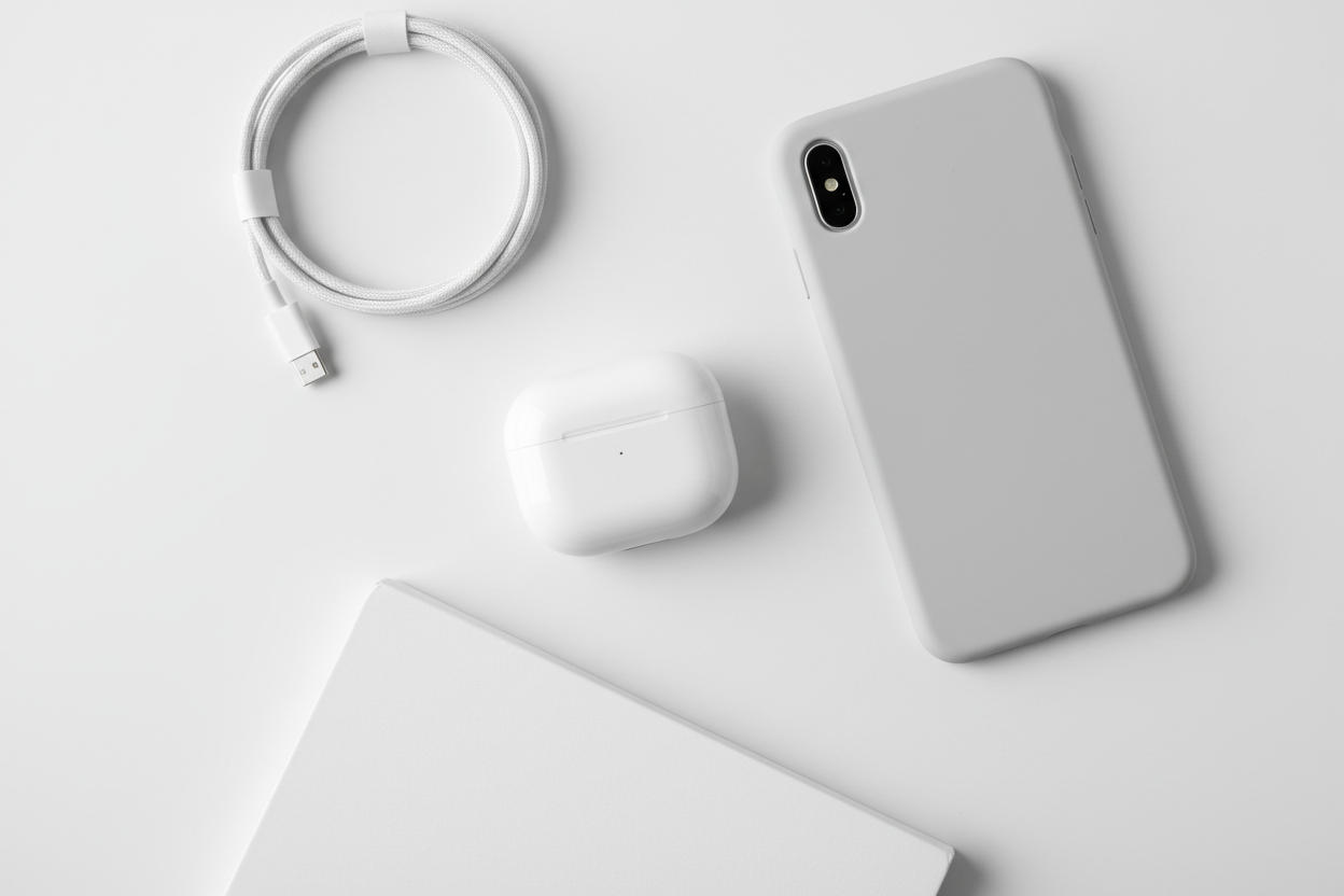 Charging case, phone and cable laid out on a white desk