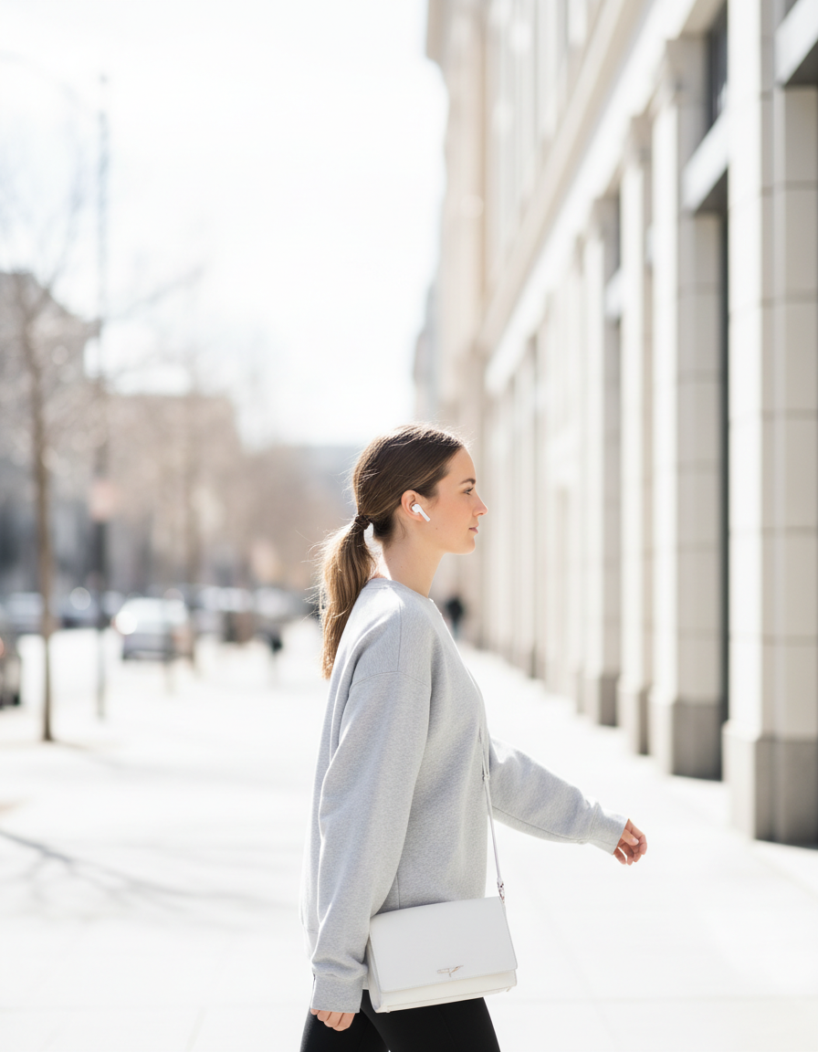 Woman walking on a sunny city sidewalk wearing white wireless earbuds